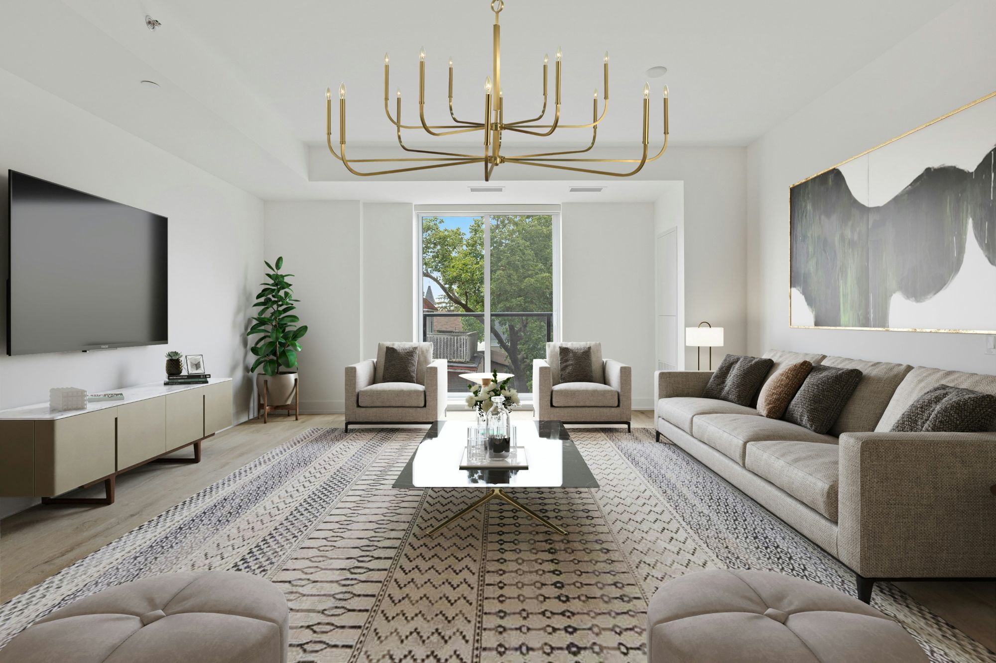 Handcrafted Framburg brass chandelier illuminating a luxury American dining room
